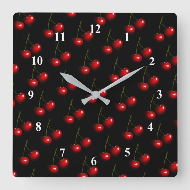 Dark Red Sweet Cherry Square Wall Clock (Front)