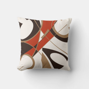 Dark Red Tan Black on Off-White Diagonal Abstract Cushion