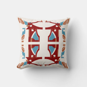 Dark Red Tan Blue Off-white Mediterranean Motif Cushion