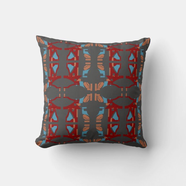 Dark Red Tan Blue on Charcoal Large Mosaic Tiles Cushion (Front)