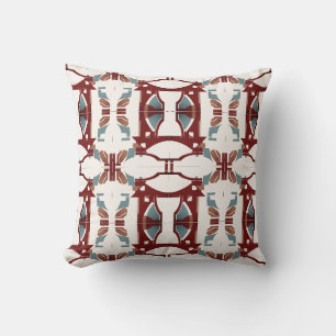 Dark Red Tan Blue on Off-white Large Mosaic Tiles Cushion