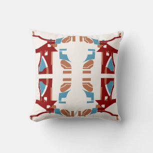 Dark Red Tan Blue on Off-white Mediterranean Motif Cushion
