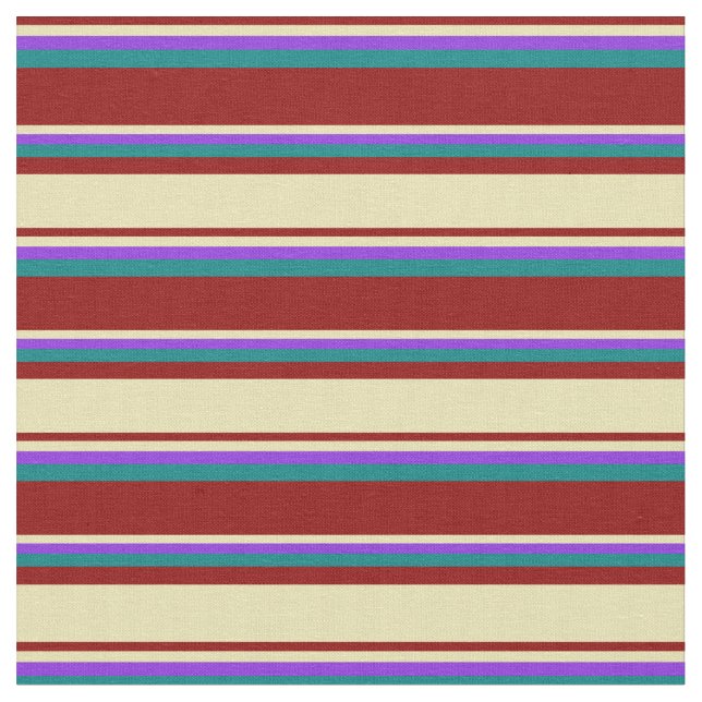 Dark Red, Tan, Purple & Teal Coloured Stripes Fabric (Close Up)