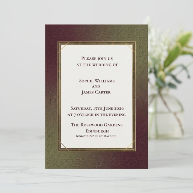 Dark Red Tartan Celtic Knot Border Scottish Weddin Invitation (Standing Front)