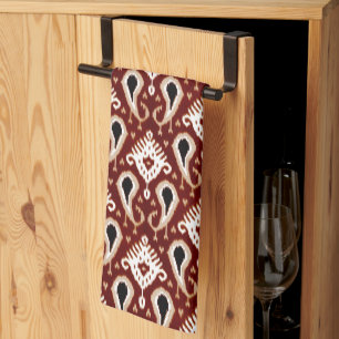 Dark Red Taupe Brown Ikat Tribal Pattern Tea Towel