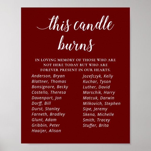 Dark Red This Candle Burns Class Reunion Memorial Poster (Front)