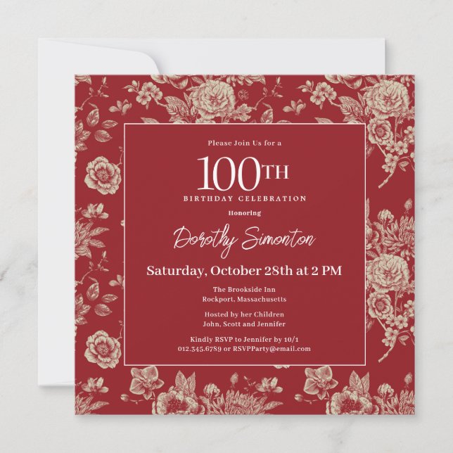 Dark Red Toile Floral 100th Birthday Party Fall Invitation (Front)