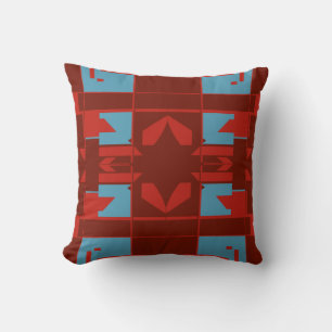 Dark Red Turquoise Mediterranean Design on Brown Cushion