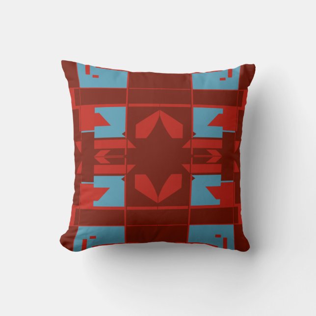 Dark Red Turquoise Mediterranean Design on Brown Cushion (Front)