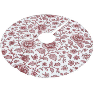 Dark Red Vintage Rose Pattern Brushed Polyester Tree Skirt