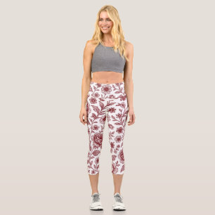 Dark Red Vintage Rose Pattern Capri Leggings