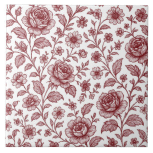 Dark Red Vintage Rose Pattern Ceramic Tile