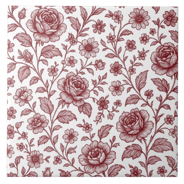 Dark Red Vintage Rose Pattern  Ceramic Tile (Front)