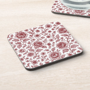 Dark Red Vintage Rose Pattern Coaster
