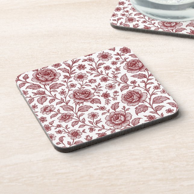 Dark Red Vintage Rose Pattern  Coaster (Left Side)