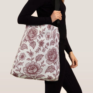 Dark Red Vintage Rose Pattern Crossbody Bag