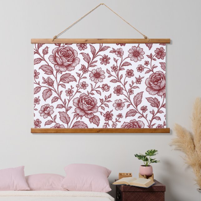 Dark Red Vintage Rose Pattern  Hanging Tapestry (Bedroom)