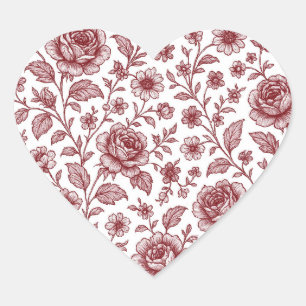 Dark Red Vintage Rose Pattern Heart Sticker