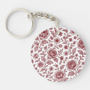 Dark Red Vintage Rose Pattern Key Ring
