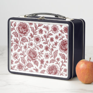 Dark Red Vintage Rose Pattern Metal Lunch Box