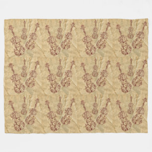Dark Red Violin Line Drawing Wrinkled Paper Look Fleece Blanket