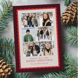 Dark red wavy edge trendy six photo Christmas Holiday Card