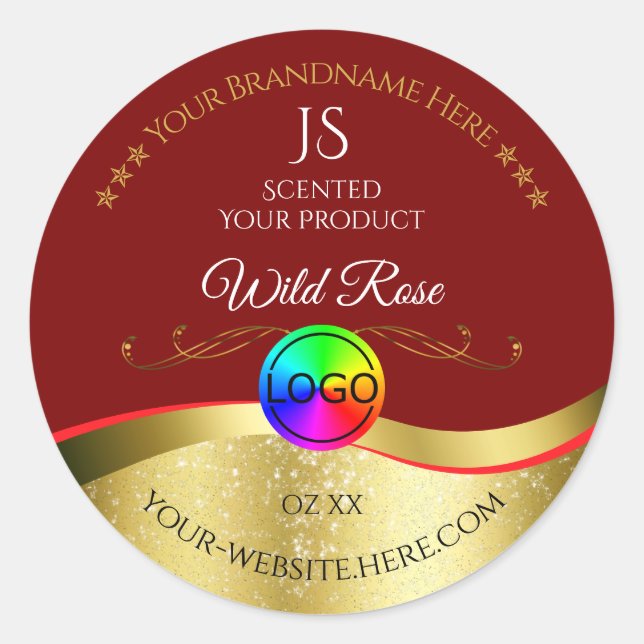 Dark Red Wavy Gold Logo Monogram Product Label (Front)