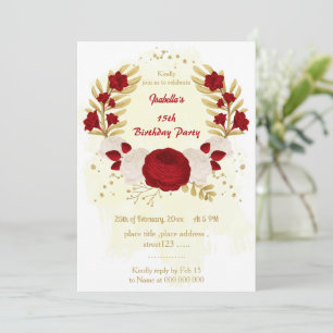 dark red & white flowers gold birthday party invitation