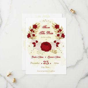 dark red & white flowers gold botanical save the date