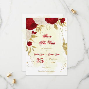 dark red & white flowers gold botanical save the date