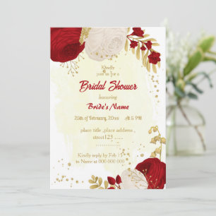 dark red & white flowers gold bridal shower invitation