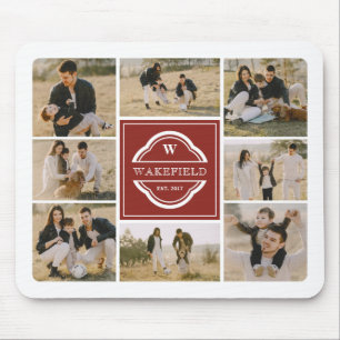 Dark Red White Monogram & Year Photo Collage Mouse Pad