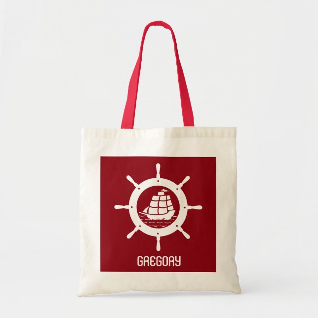 Dark Red & White Nautical Boat Wheel Tote Bag (Front)
