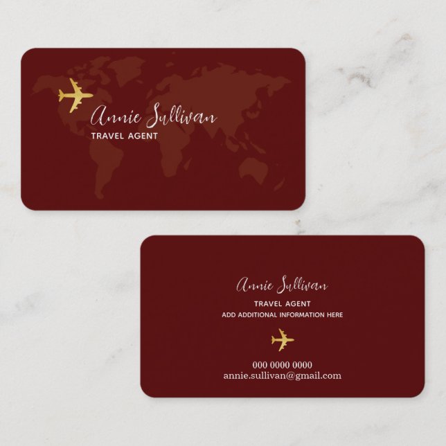 Dark Red World Map and Plane Travels Business Card (Front/Back)