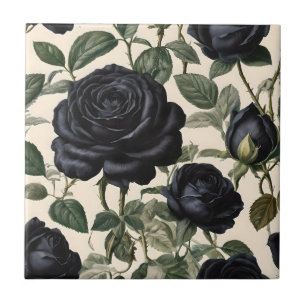 **"Dark Romance: Black Vintage Provincial Roses"** Ceramic Tile