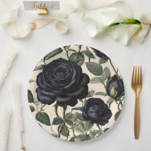 **"Dark Romance: Black Vintage Provincial Roses"** Paper Plate