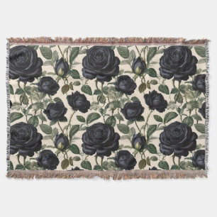**"Dark Romance: Black Vintage Provincial Roses"** Throw Blanket