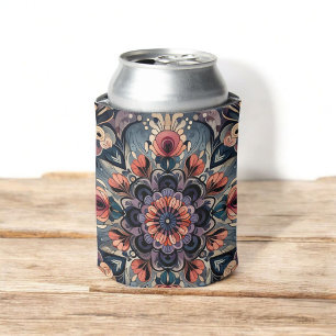 Dark Romance Burgundy Art Deco Floral Summer Can Cooler