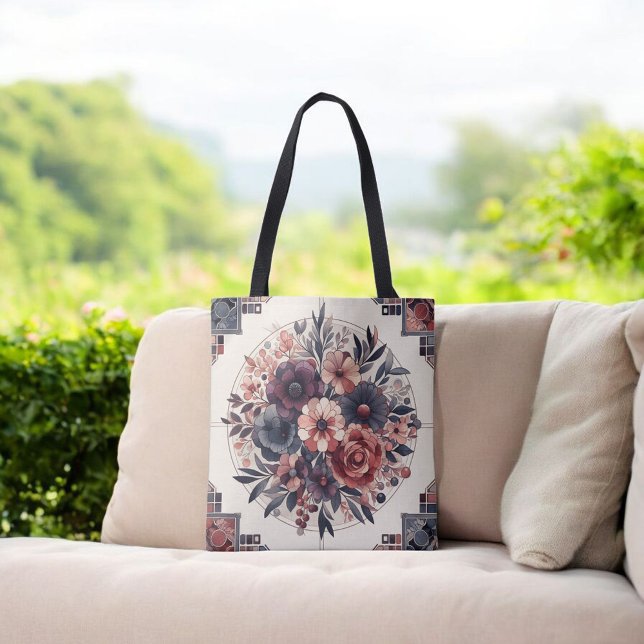 Dark Romance Burgundy Art Deco Floral Summer  Tote Bag (Creator Uploaded)