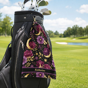 Dark Romance Celestial Moon Name Purple Gold Golf Towel