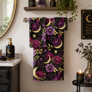 Dark Romance Celestial Moon Purple Gold Bath Towel Set