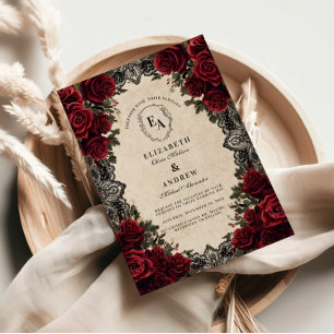 Dark Romance Crimson Floral Wedding Invitation