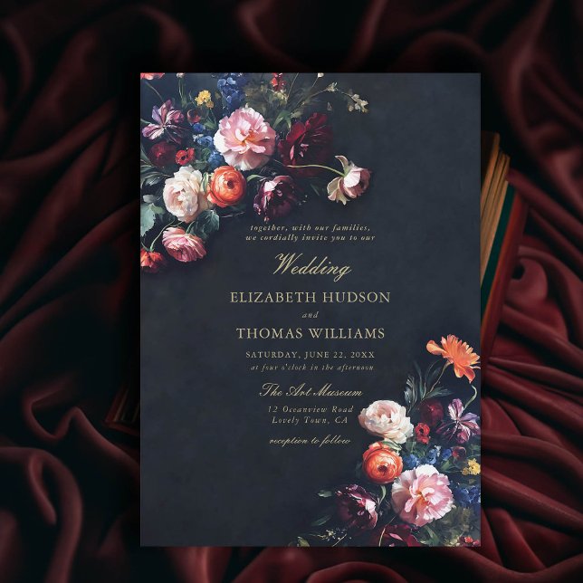 Dark Romance Fairytale Moody Bouquet Navy Wedding Invitation (dark romance wedding invitation fairytale romantic black navy dutch masters floral modern classic)