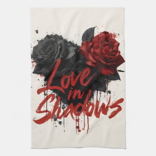 Dark Romance Graphic with Black and Red Roses Tea Towel