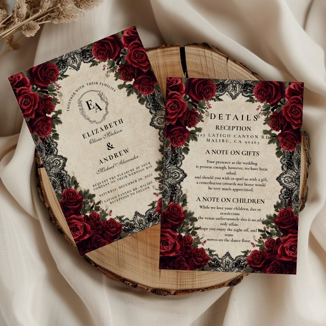 Dark Romance Red Rose Gothic Wedding + Details Invitation (Creator Uploaded)