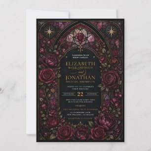 Dark Romance Stained Glass Burgundy Floral Wedding Invitation