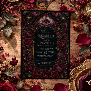 Dark Romance Stained Glass Burgundy Floral Wedding Invitation