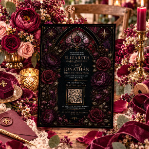 Dark Romance Stained Glass Burgundy QR Wedding Invitation
