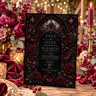 Dark Romance Stained Glass Burgundy Wedding Save The Date