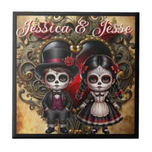 Dark Romance Sugar Skulls_Puppy Love Ceramic Tile